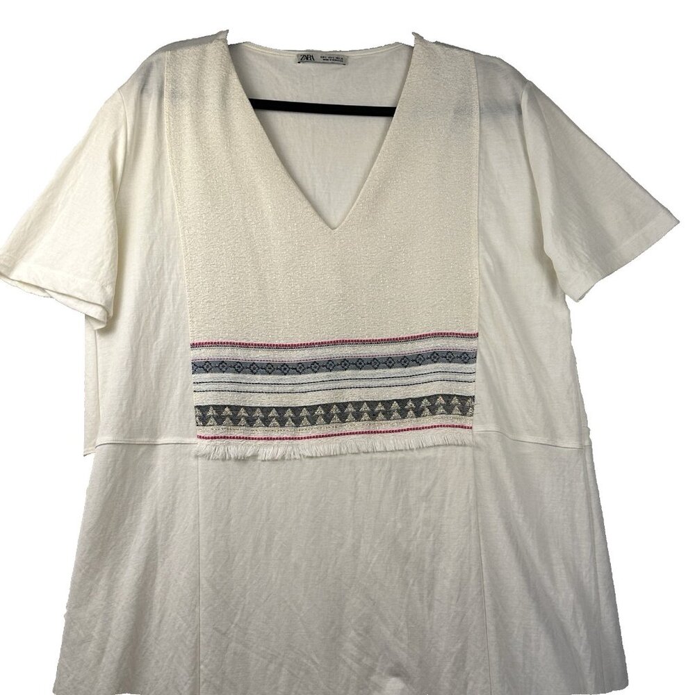 Zara Womens Oversized Boho Tunic Dress High-Low Ivory Sz S Fringe V-Neck Tribal - Picture 3 of 11